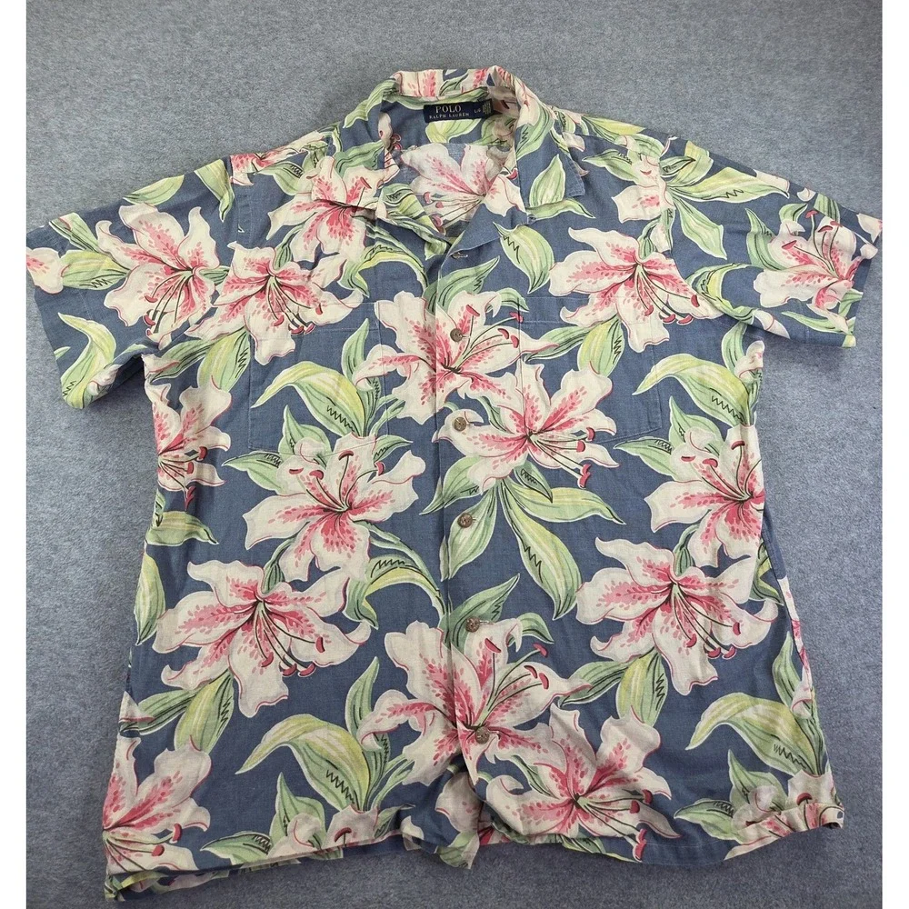 Vintage 90s Polo Ralph Lauren Men's Short Sleeve Hawaiian Blue Button Down L